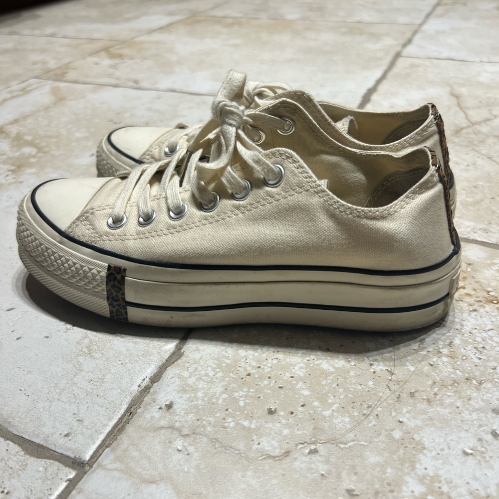 Converse Cream Canvas Sneakers with Leopard Detail